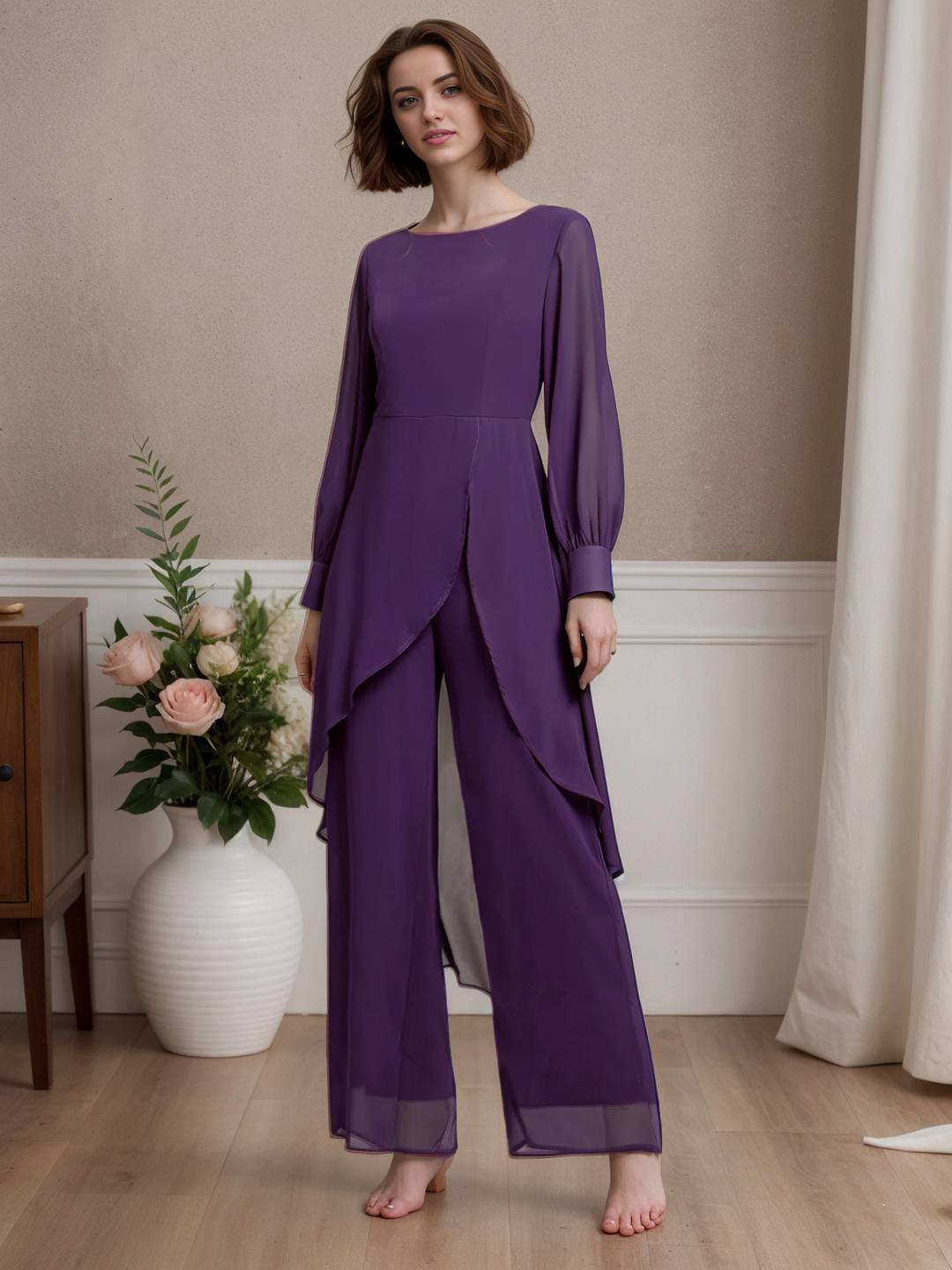 Zakaka Women Wedding Guest Set Solid Color Irregular 2-In-1 Chiffon Round Neck Long Sleeve Elegant Suit