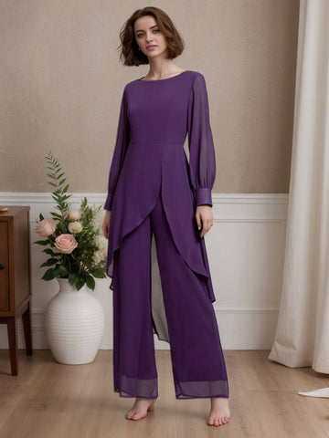 Zakaka Wedding Guest Set Solid Color Irregular 2-In-1 Chiffon Round Neck Long Sleeve Elegant Fashion Suit