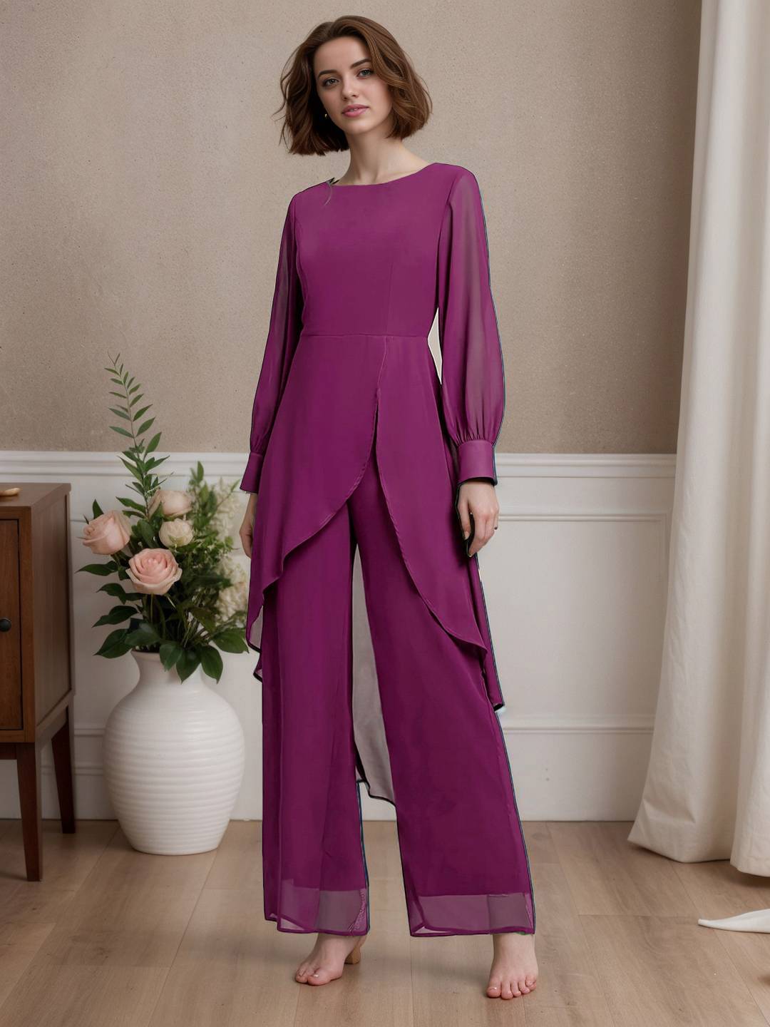 Zakaka Women Wedding Guest Set Solid Color Irregular 2-In-1 Chiffon Round Neck Long Sleeve Elegant Suit